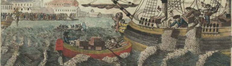 illustration of americans dumping the tea into the boston harbor
